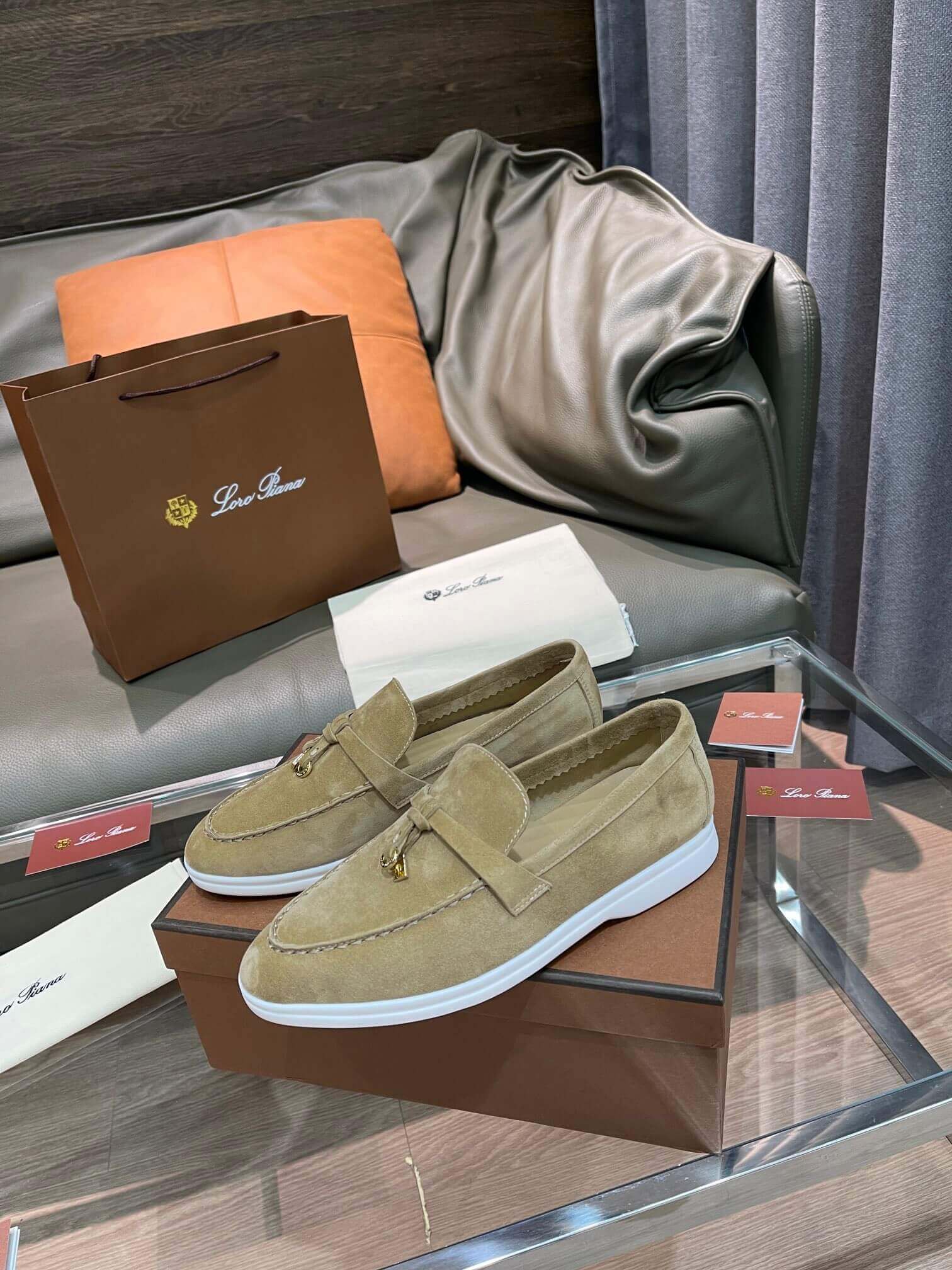 Loro Piana Unisex Summer Charms Walk Loafers - Tan Suede with white soles, displayed with packaging