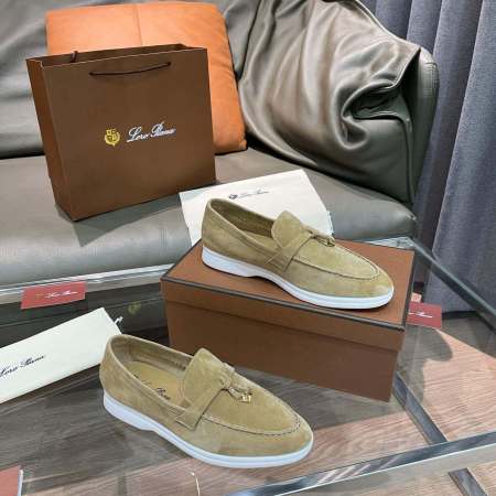 Loro Piana Unisex Summer Charms Walk Loafers - Tan Suede with white soles, displayed with packaging