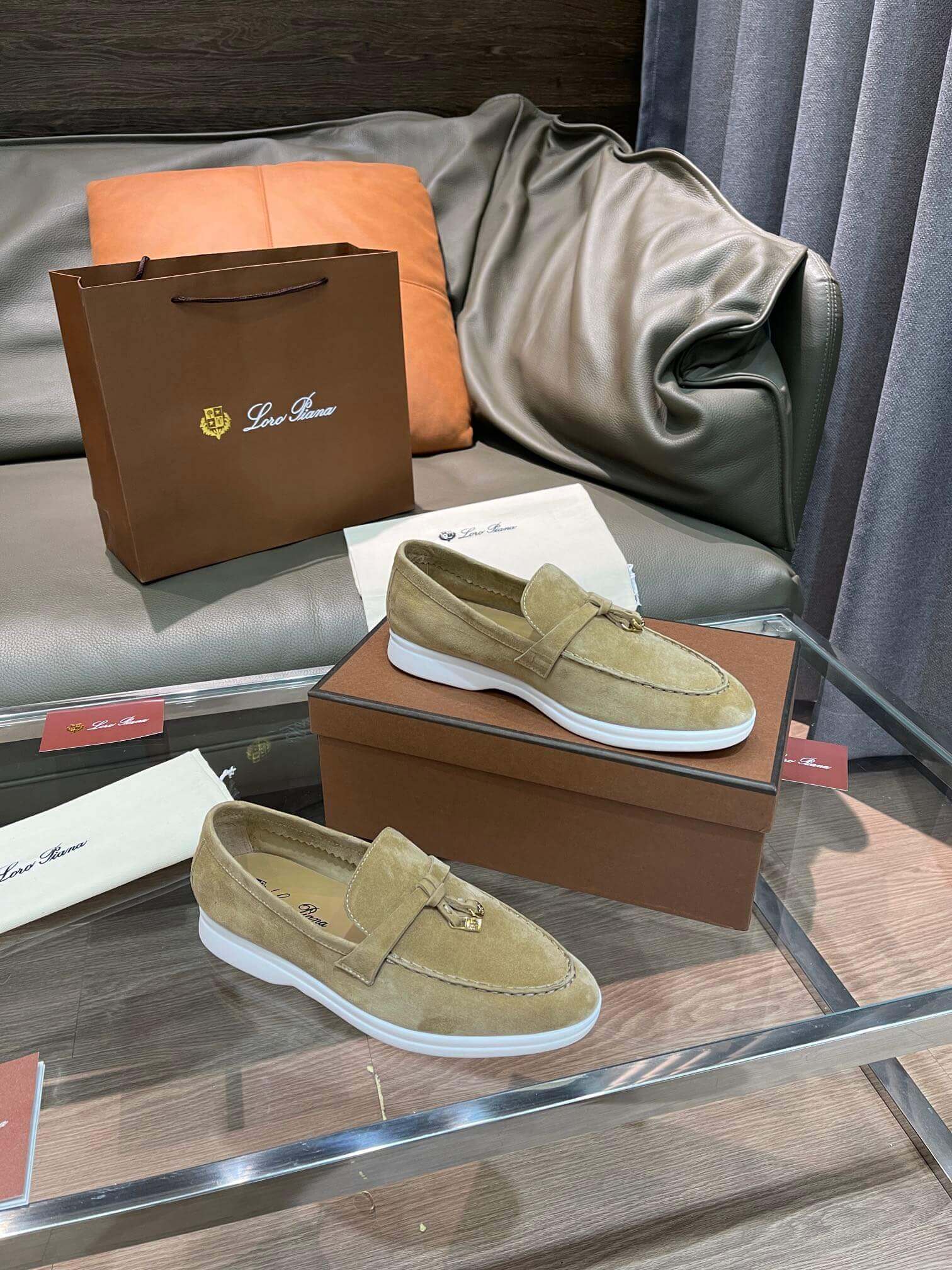 Loro Piana Unisex Summer Charms Walk Loafers - Tan Suede with white soles, displayed with packaging