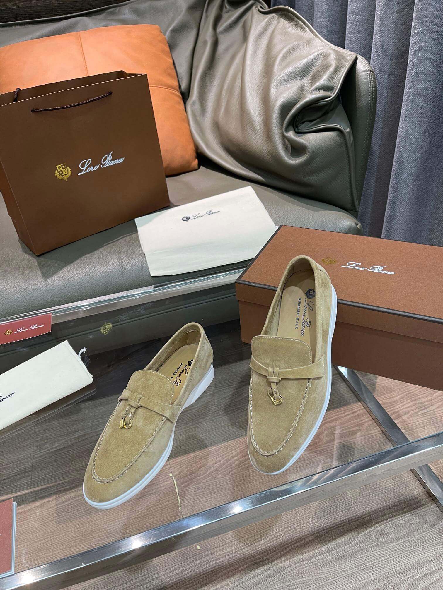 Loro Piana Unisex Summer Charms Walk Loafers - Tan Suede with white soles, displayed with packaging