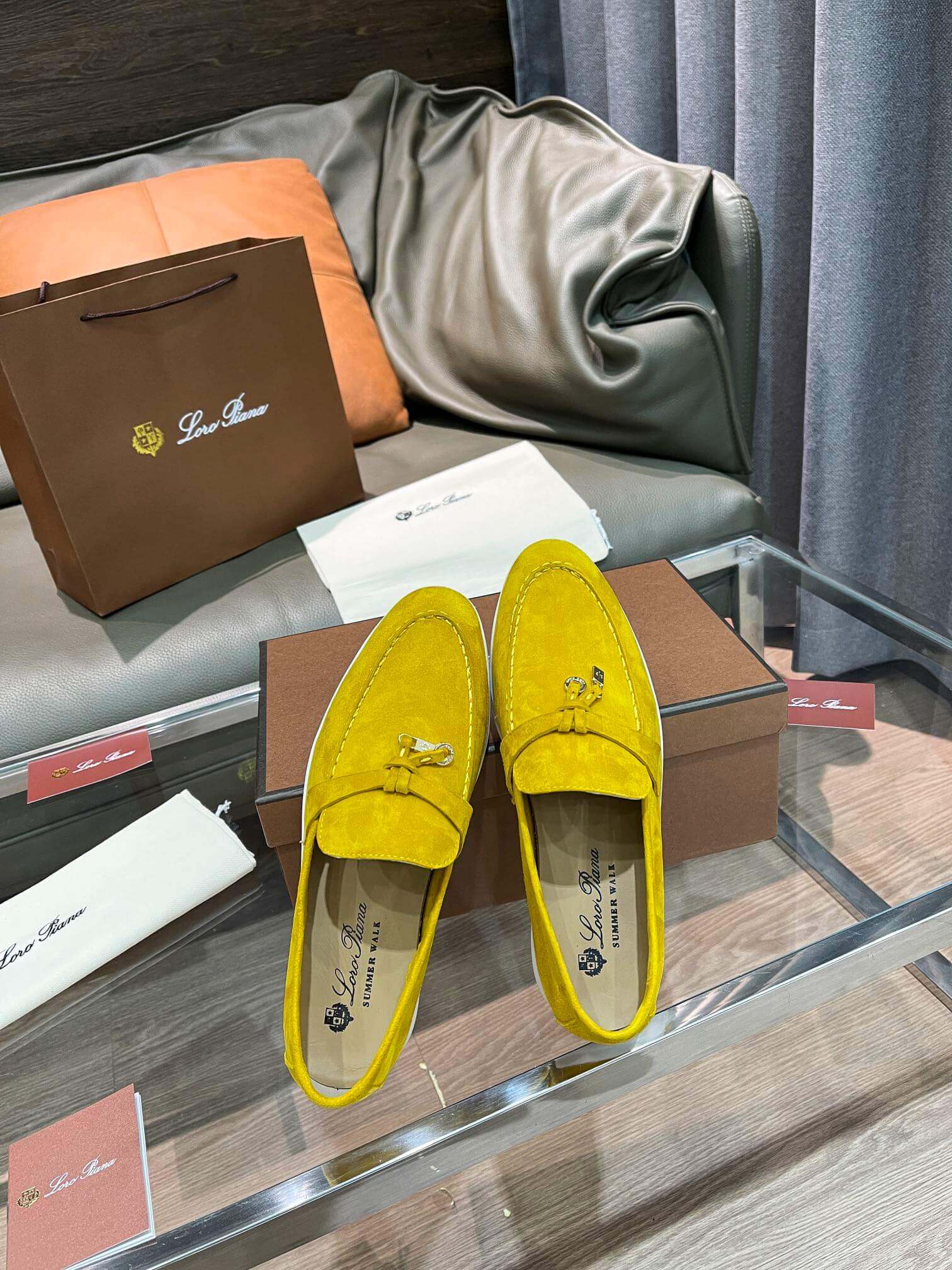 Loro Piana Unisex Summer Charms Walk Loafers - Yellow Suede with white soles, displayed with packaging