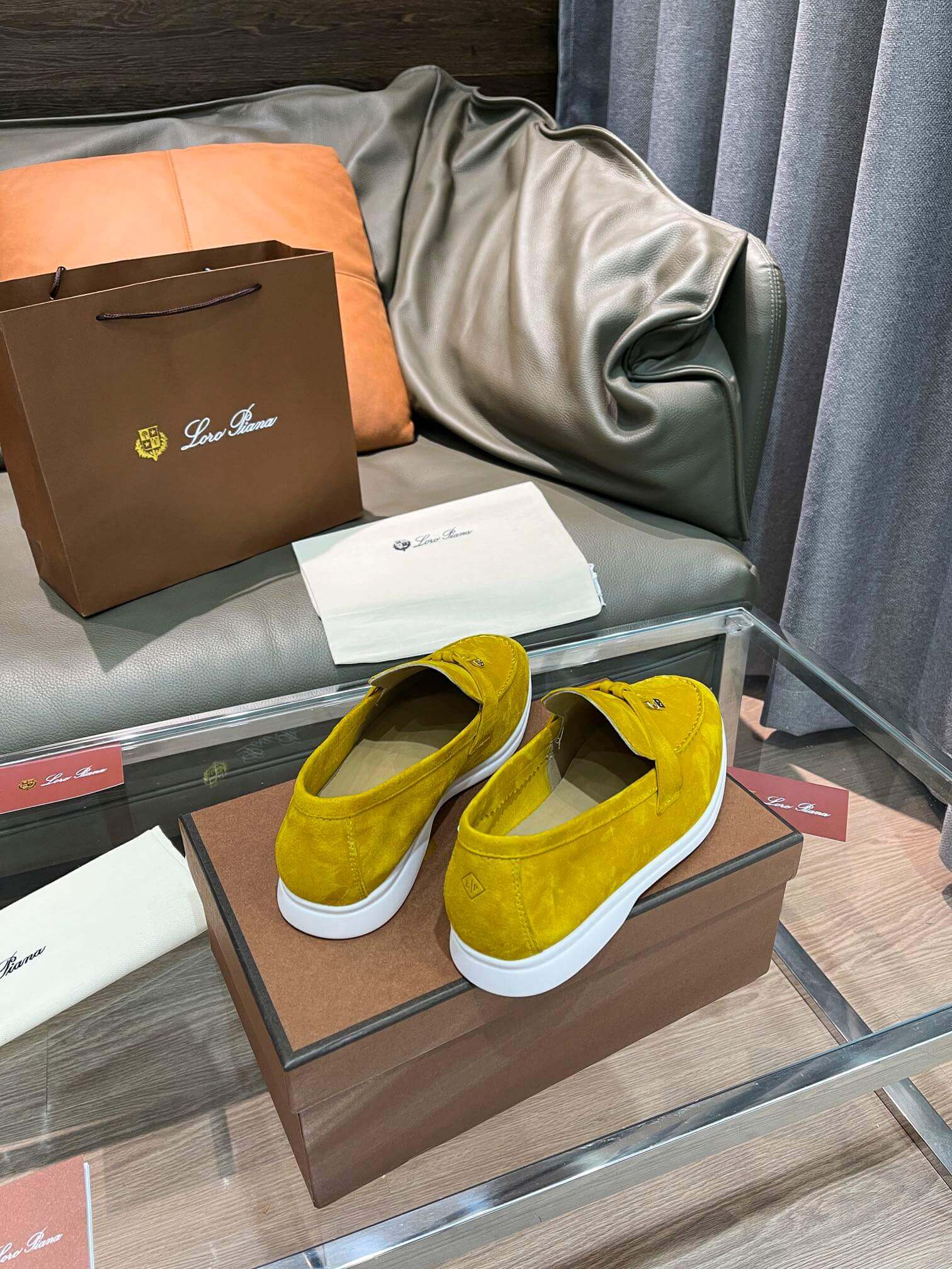 Loro Piana Unisex Summer Charms Walk Loafers - Yellow Suede with white soles, displayed with packaging