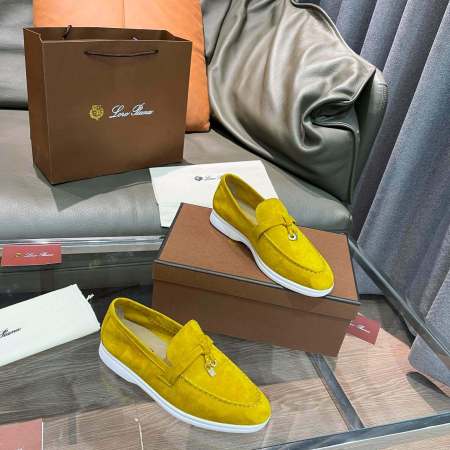 Loro Piana Unisex Summer Charms Walk Loafers - Yellow Suede with white soles, displayed with packaging