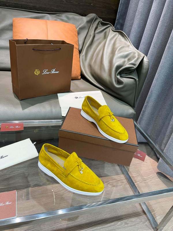 Loro Piana Unisex Summer Charms Walk Loafers - Yellow Suede with white soles, displayed with packaging