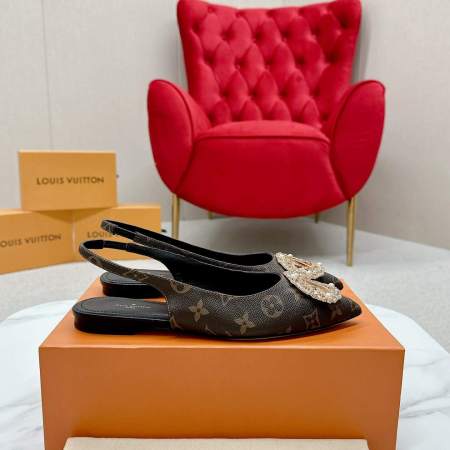 a pair of Louis Vuitton Classic Monogram Crystal Slingback Flats on a box