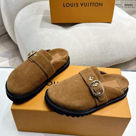 a pair of Louis Vuitton Cosy Flat Comfort Suede Clog on a box