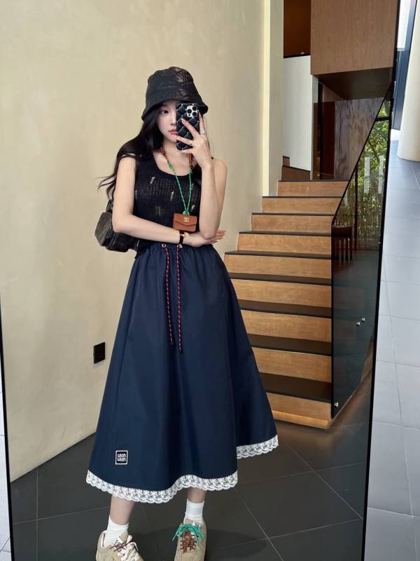 Miu Miu Navy Drawstring Midi Skirt With Logo Detail