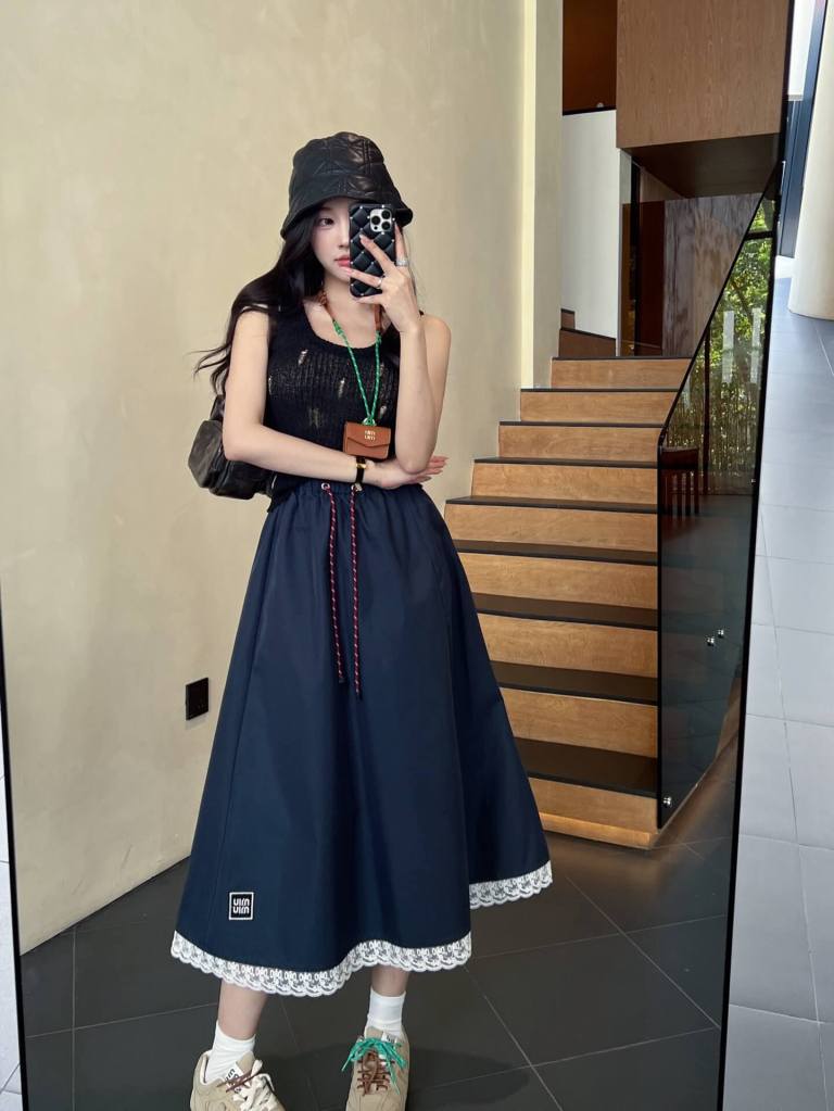 Miu Miu Navy Drawstring Midi Skirt With Logo Detail