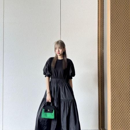 Moncler Black Drawstring-Waist Puff Sleeve Dress