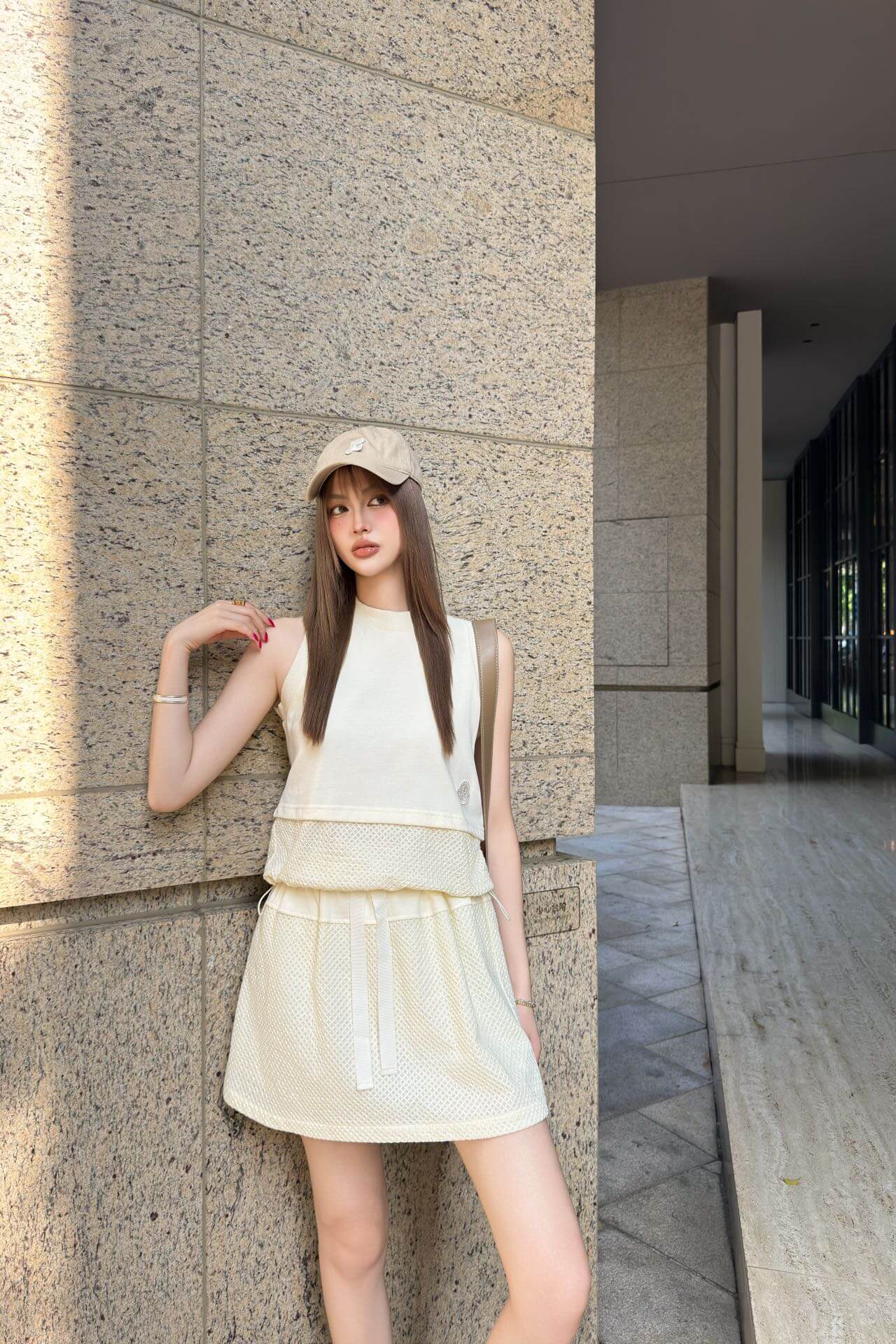 Moncler Cream Sleeveless Top and Textured Mini Skirt Set - Image 9