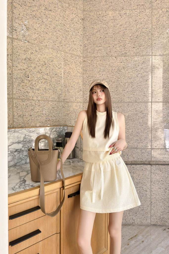 Moncler Cream Sleeveless Top and Textured Mini Skirt Set