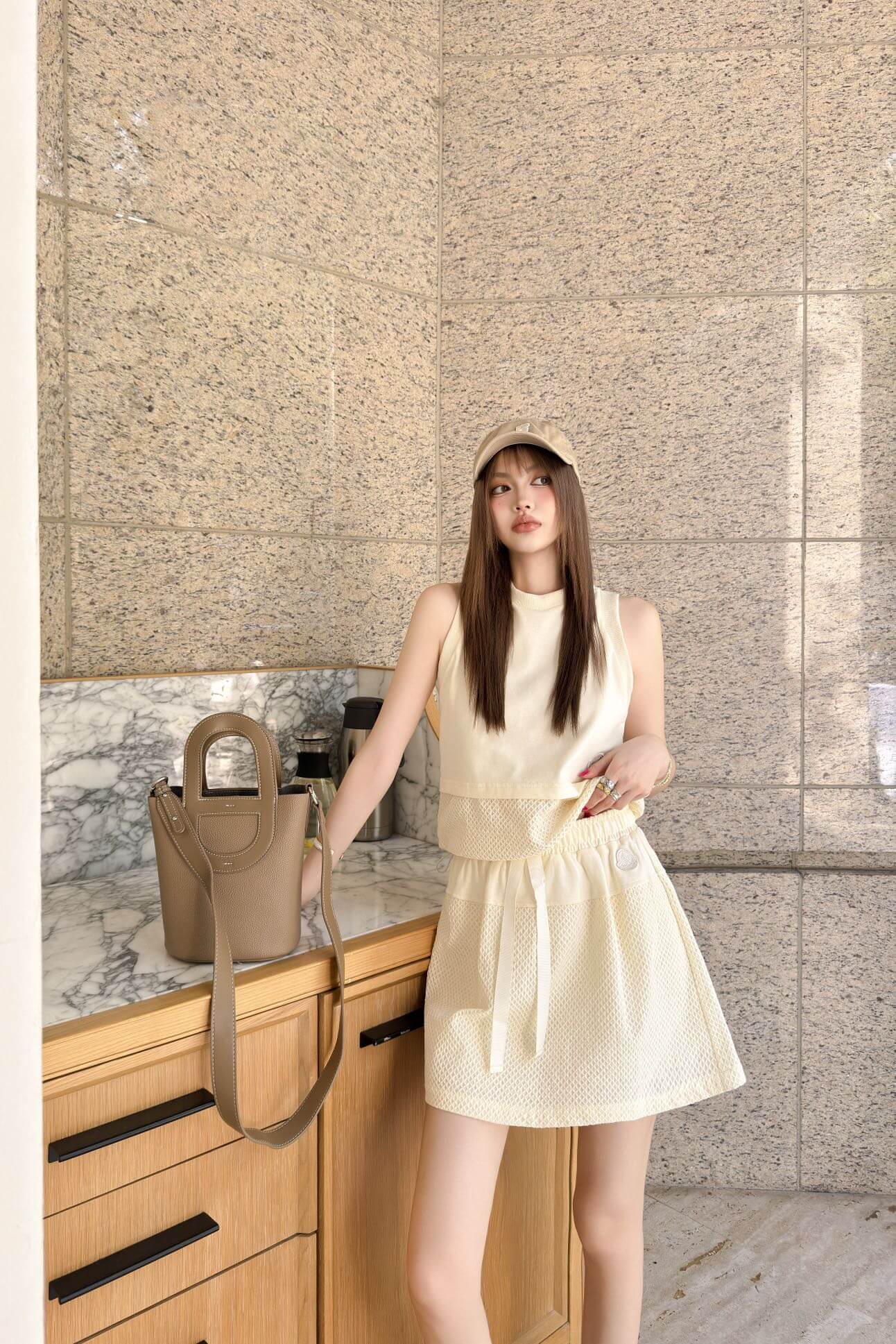 Moncler Cream Sleeveless Top and Textured Mini Skirt Set