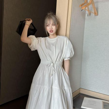 Moncler White Drawstring-Waist Puff Sleeve Dress