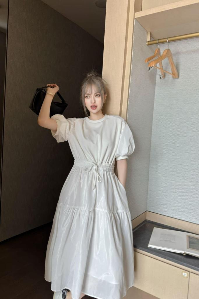 Moncler White Drawstring-Waist Puff Sleeve Dress