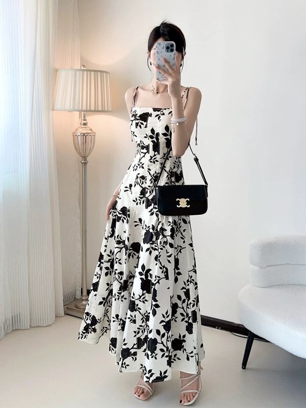 Zimmermann Black and White Floral Print Tie-Shoulder Midi Dress