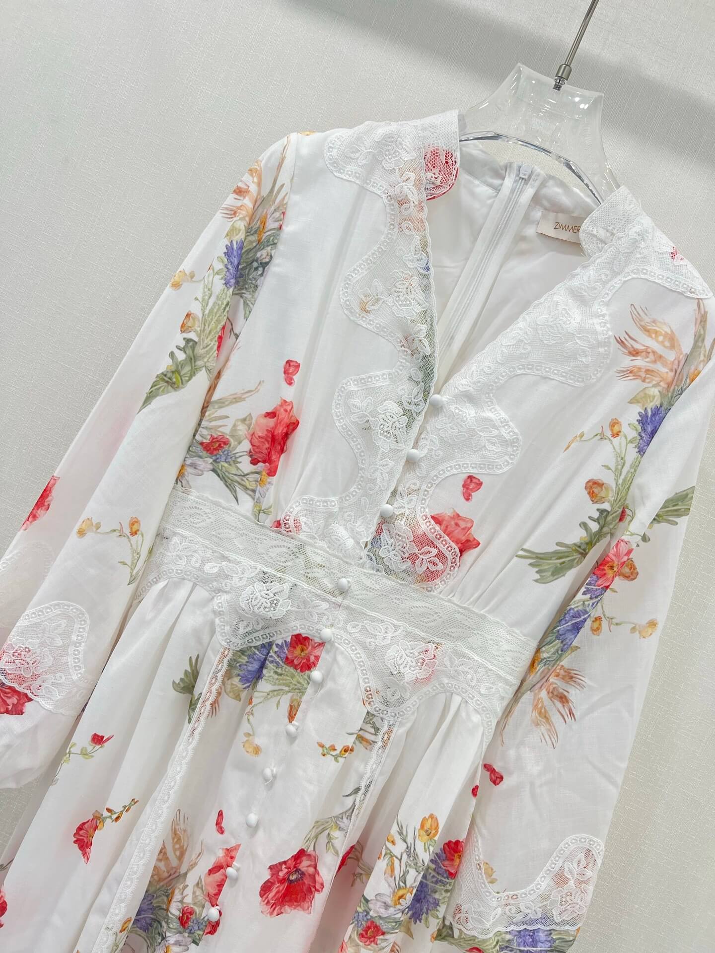 Zimmermann White Floral Print Long Sleeve Lace-Trim Midi Dress - Image 5