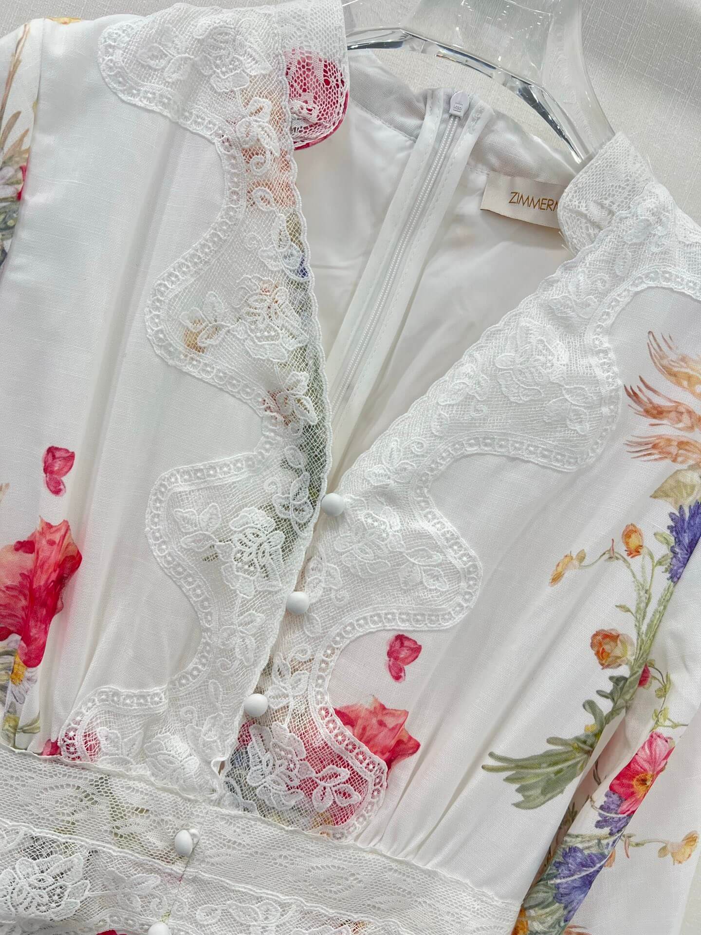 Zimmermann White Floral Print Long Sleeve Lace-Trim Midi Dress - Image 3