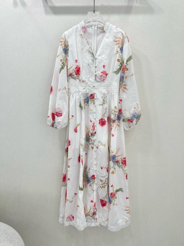 Zimmermann White Floral Print Long Sleeve Lace-Trim Midi Dress