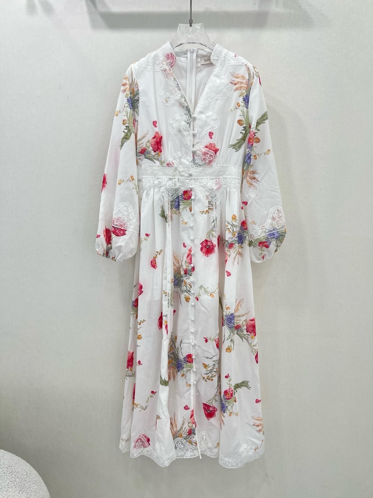 Zimmermann White Floral Print Long Sleeve Lace-Trim Midi Dress