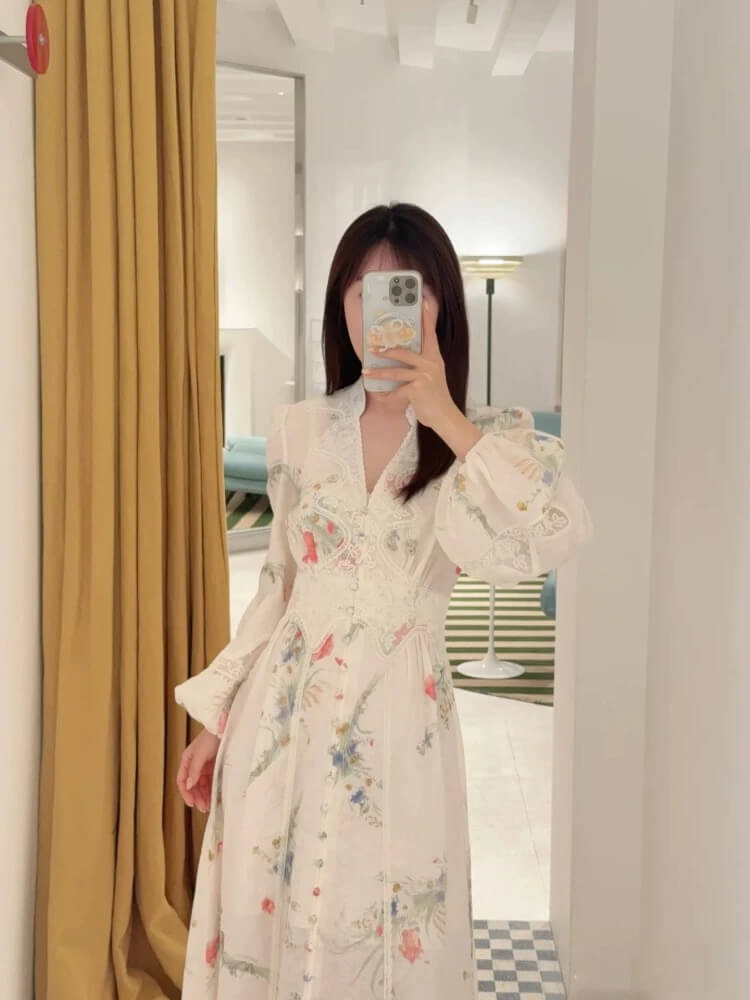 Zimmermann White Floral Print Long Sleeve Lace-Trim Midi Dress - Image 13