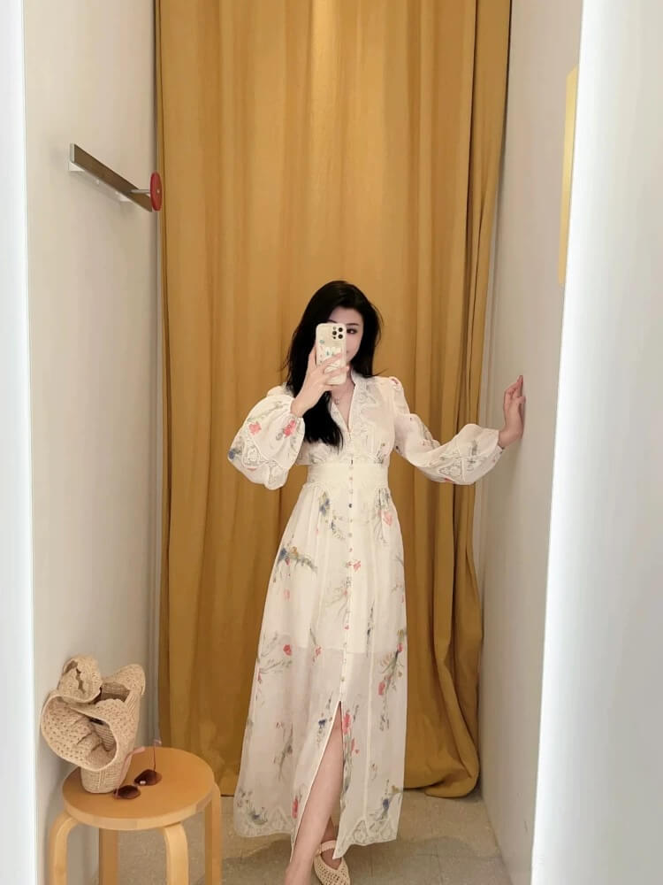 Zimmermann White Floral Print Long Sleeve Lace-Trim Midi Dress - Image 11