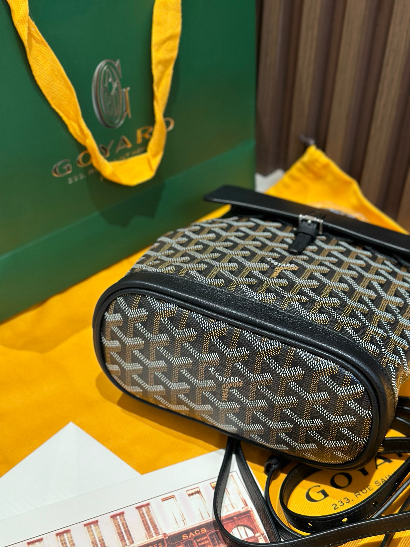 Goyard Black Goyardine Canvas Alpin Mini Backpack, made in France, 23 × 9.5 × 19 cm, with black leather trim and versatile straps.