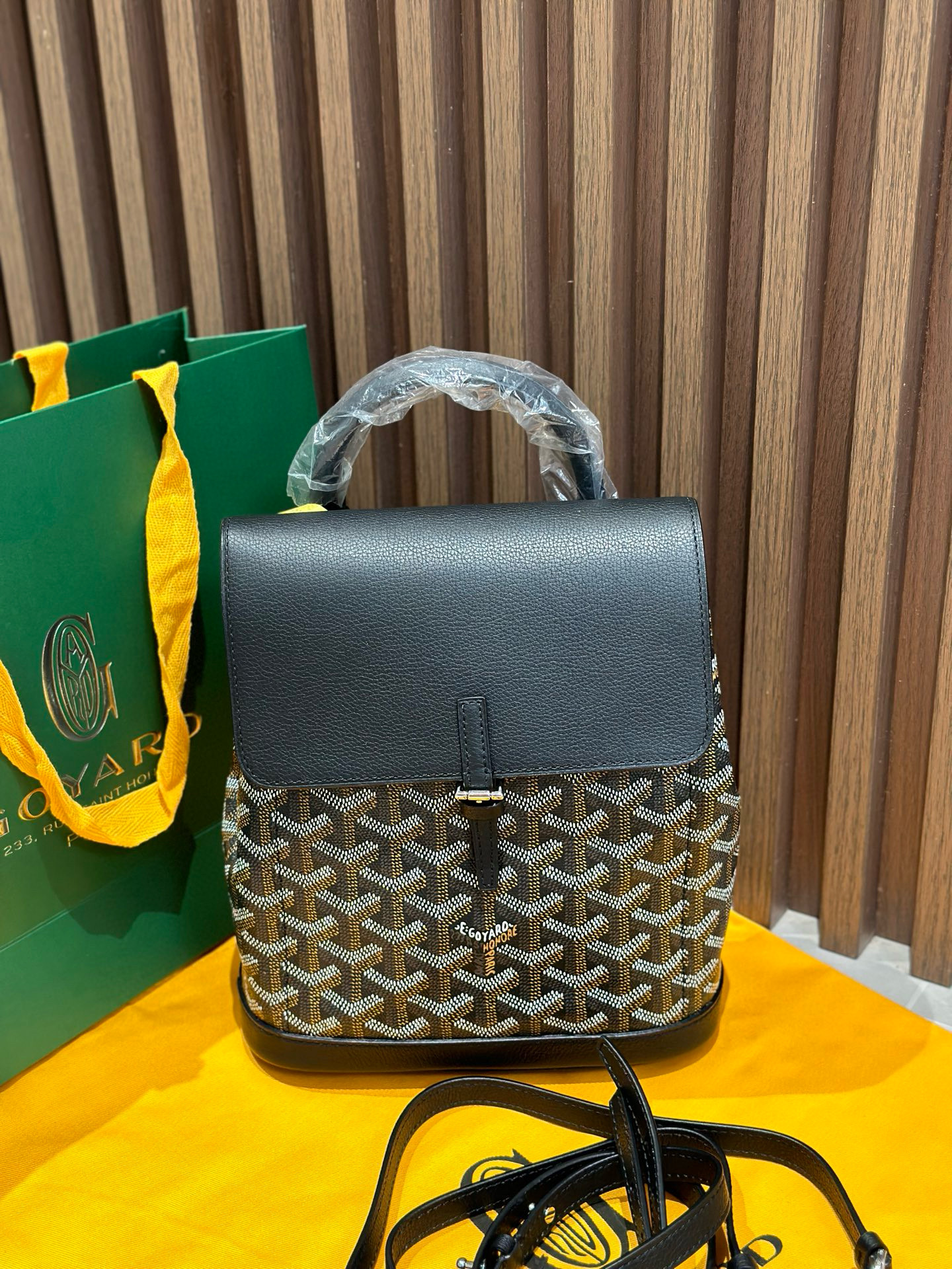 Goyard Black Goyardine Canvas Alpin Mini Backpack, made in France, 23 × 9.5 × 19 cm, with black leather trim and versatile straps.