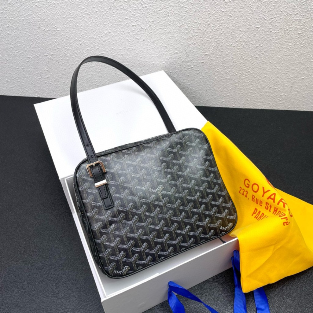Pre-owned Goyard Black Goyardine Yona PM Shoulder Bag in Chevron canvas with leather trim, palladium hardware, size 24 × 6 × 19 cm, showing interior pocket and dust bag.