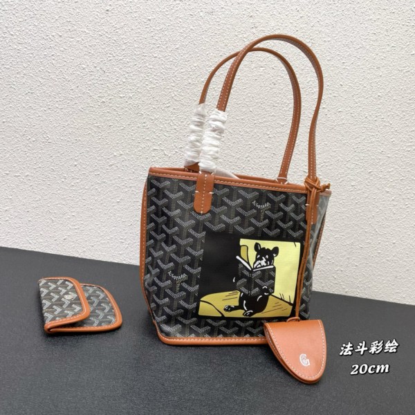 Goyard Black and tan Villette PM Tote Bag 20cm featuring French Bulldog motif, Goyardine coated canvas with black leather trim.