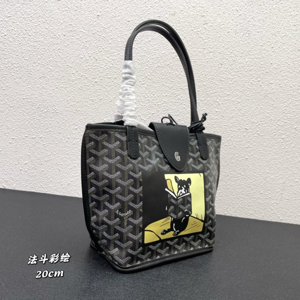 Goyard Black Villette PM Tote Bag 20cm featuring French Bulldog motif, Goyardine coated canvas with black leather trim.