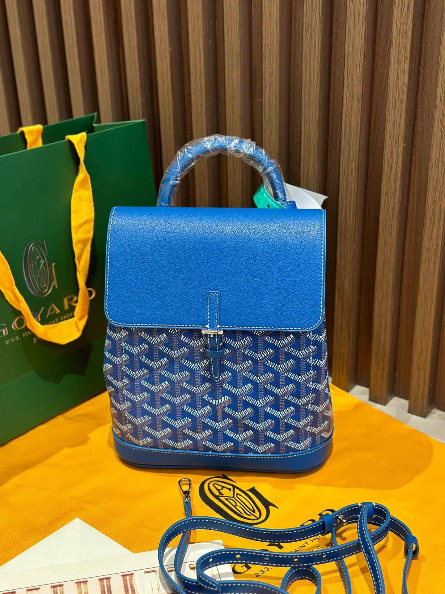 Goyard Blue Goyardine Canvas Alpin Mini Backpack, made in France, 23 × 9.5 × 19 cm, bold blue leather trim and versatile straps.