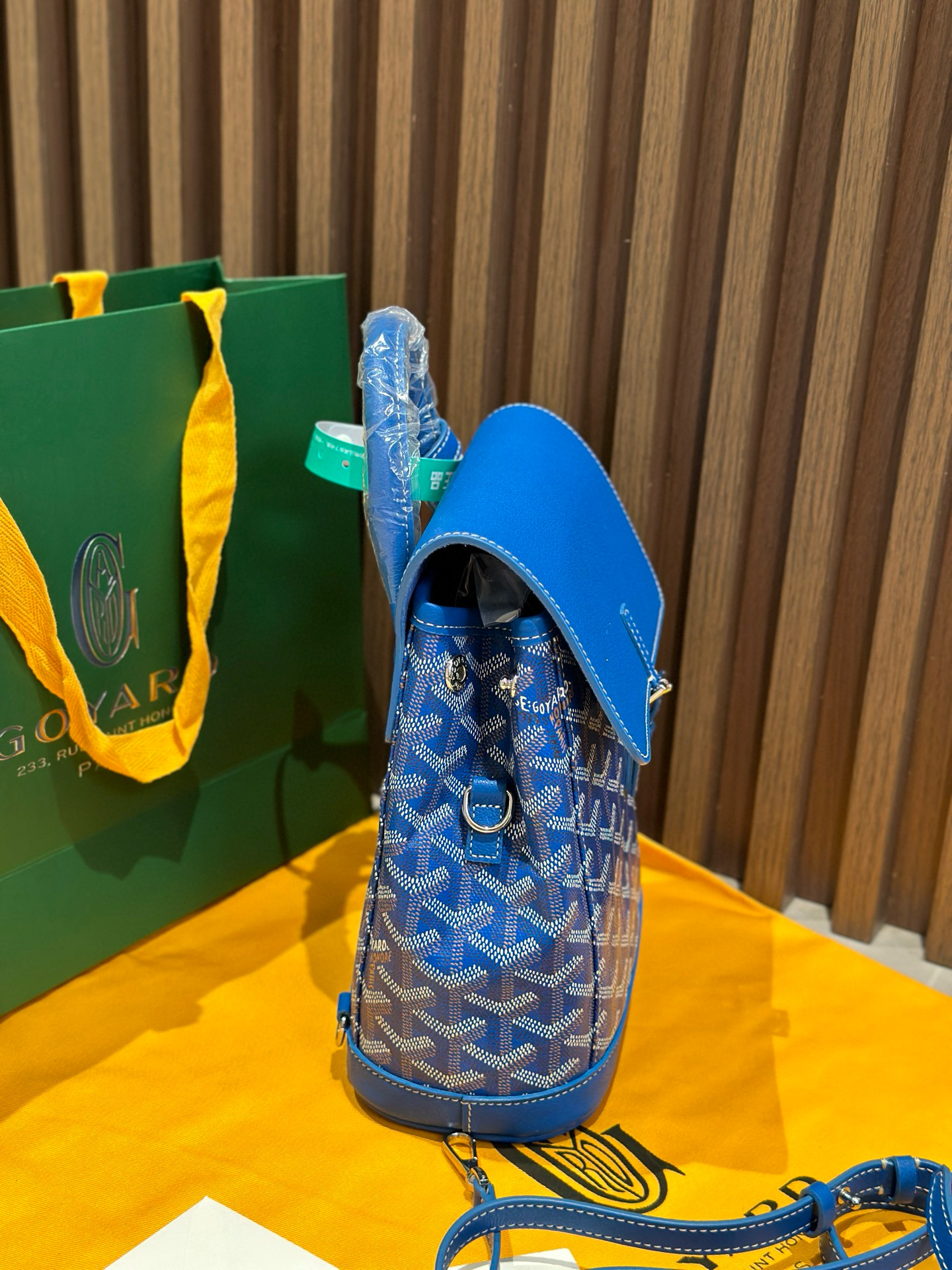 Goyard Blue Goyardine Canvas Alpin Mini Backpack, made in France, 23 × 9.5 × 19 cm, bold blue leather trim and versatile straps.