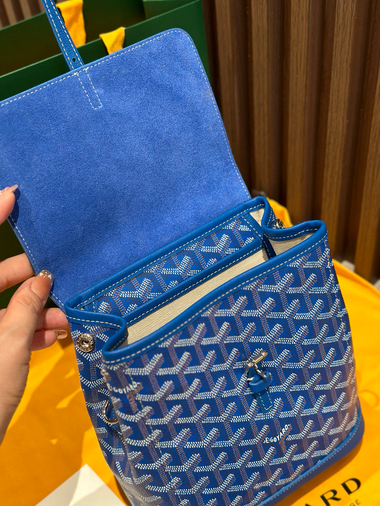 Goyard Blue Goyardine Canvas Alpin Mini Backpack, made in France, 23 × 9.5 × 19 cm, bold blue leather trim and versatile straps.