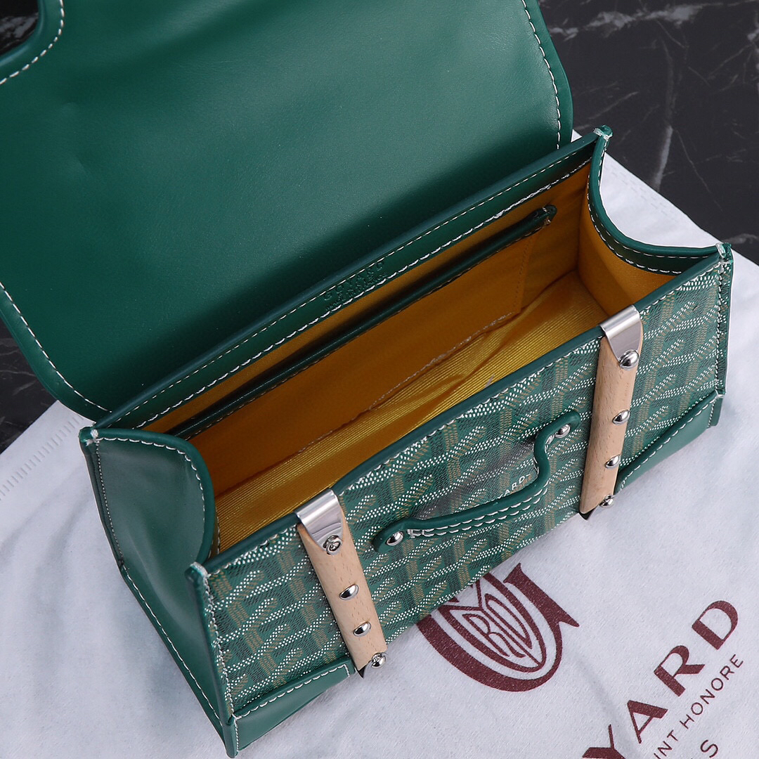 Goyard Green Goyardine Coated Canvas and Leather Saigon MM Top Handle Bag with natural wood handle