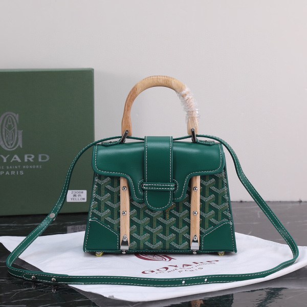 Goyard Green Goyardine Coated Canvas and Leather Saigon MM Top Handle Bag with natural wood handle