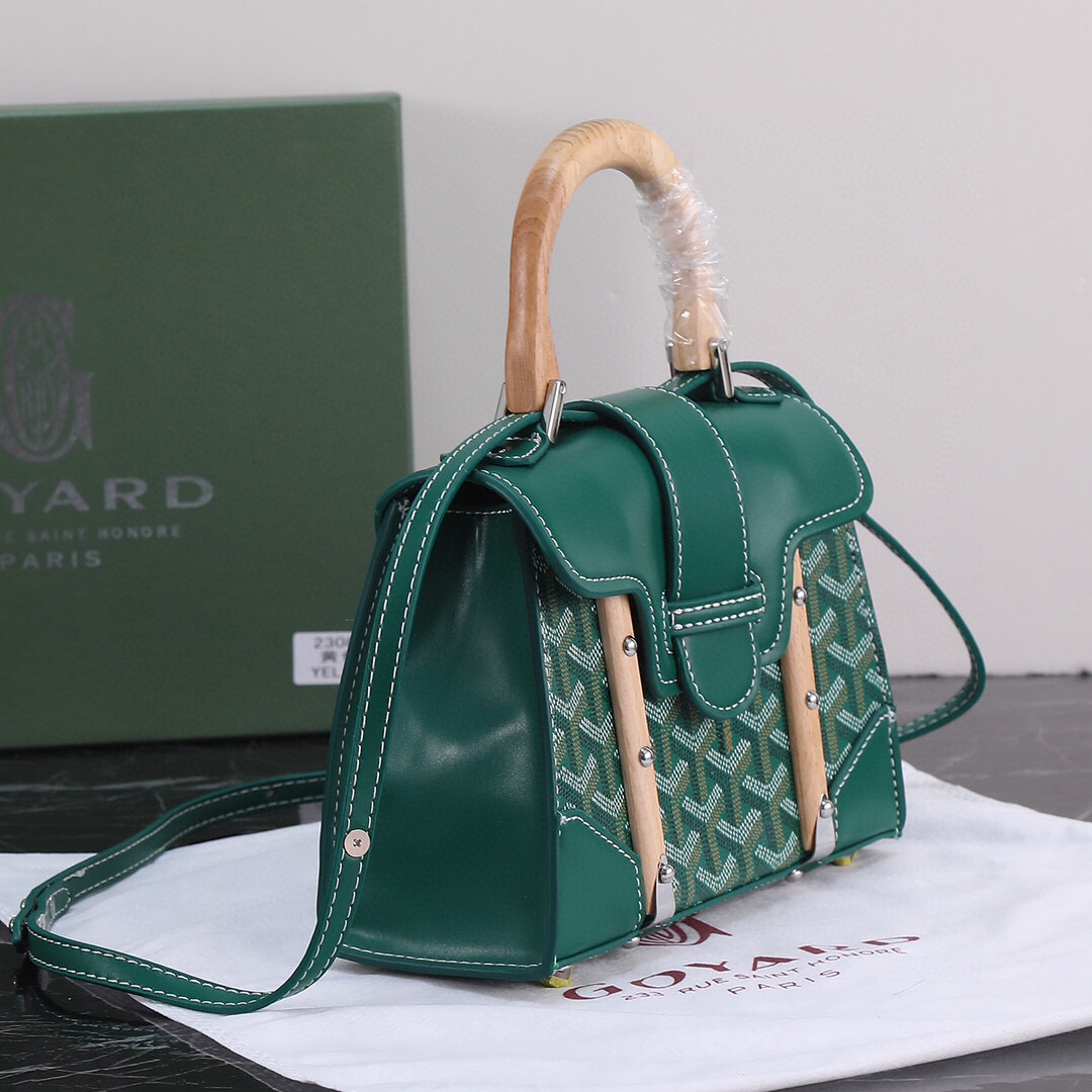 Goyard Green Goyardine Coated Canvas and Leather Saigon MM Top Handle Bag with natural wood handle