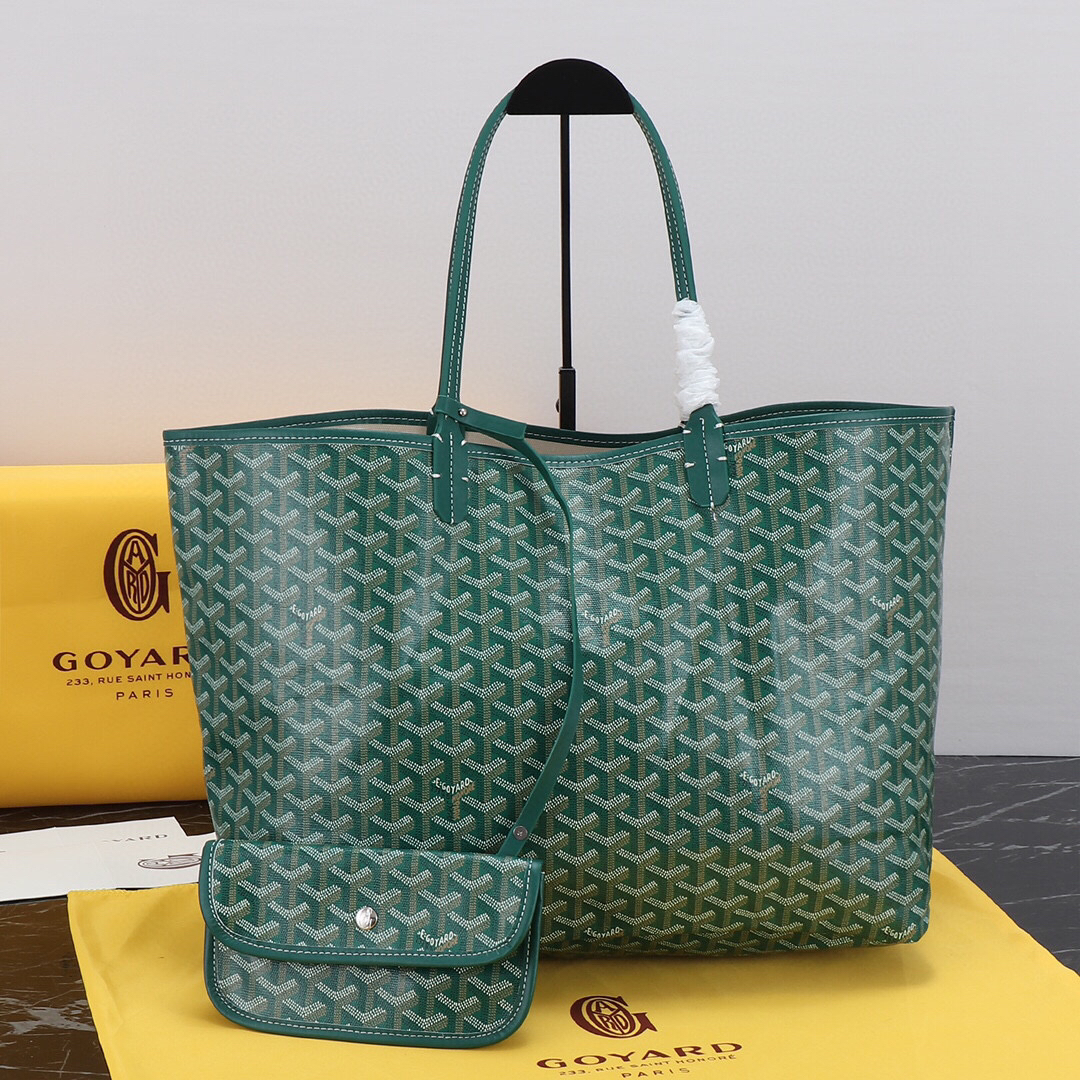 Goyard Green Saint GM Canvas Tote Bag showing its cream lining and attached green pouch.