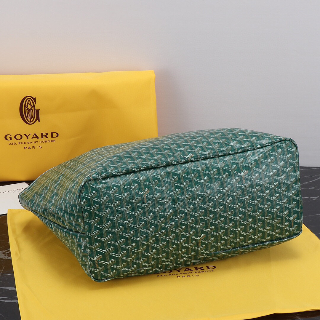 Goyard Green Saint GM Canvas Tote Bag showing its cream lining and attached green pouch.