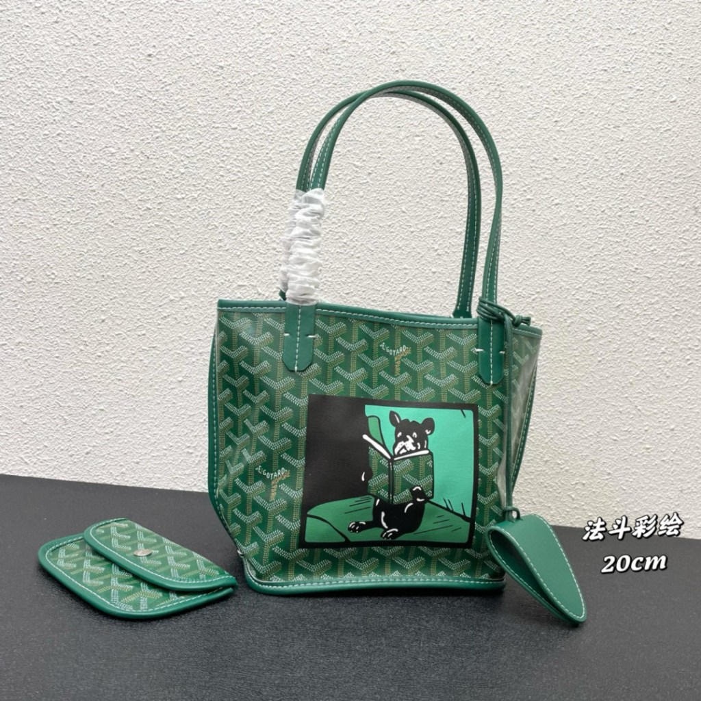 Goyard Black Villette PM Tote Bag 20cm featuring French Bulldog motif, Goyardine coated canvas with black leather trim