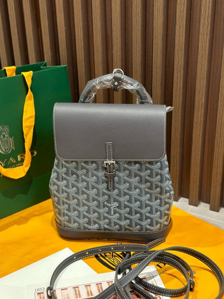 Goyard Grey Goyardine Canvas Alpin Mini Backpack, made in France, 23 × 9.5 × 19 cm, grey leather trim with versatile straps.