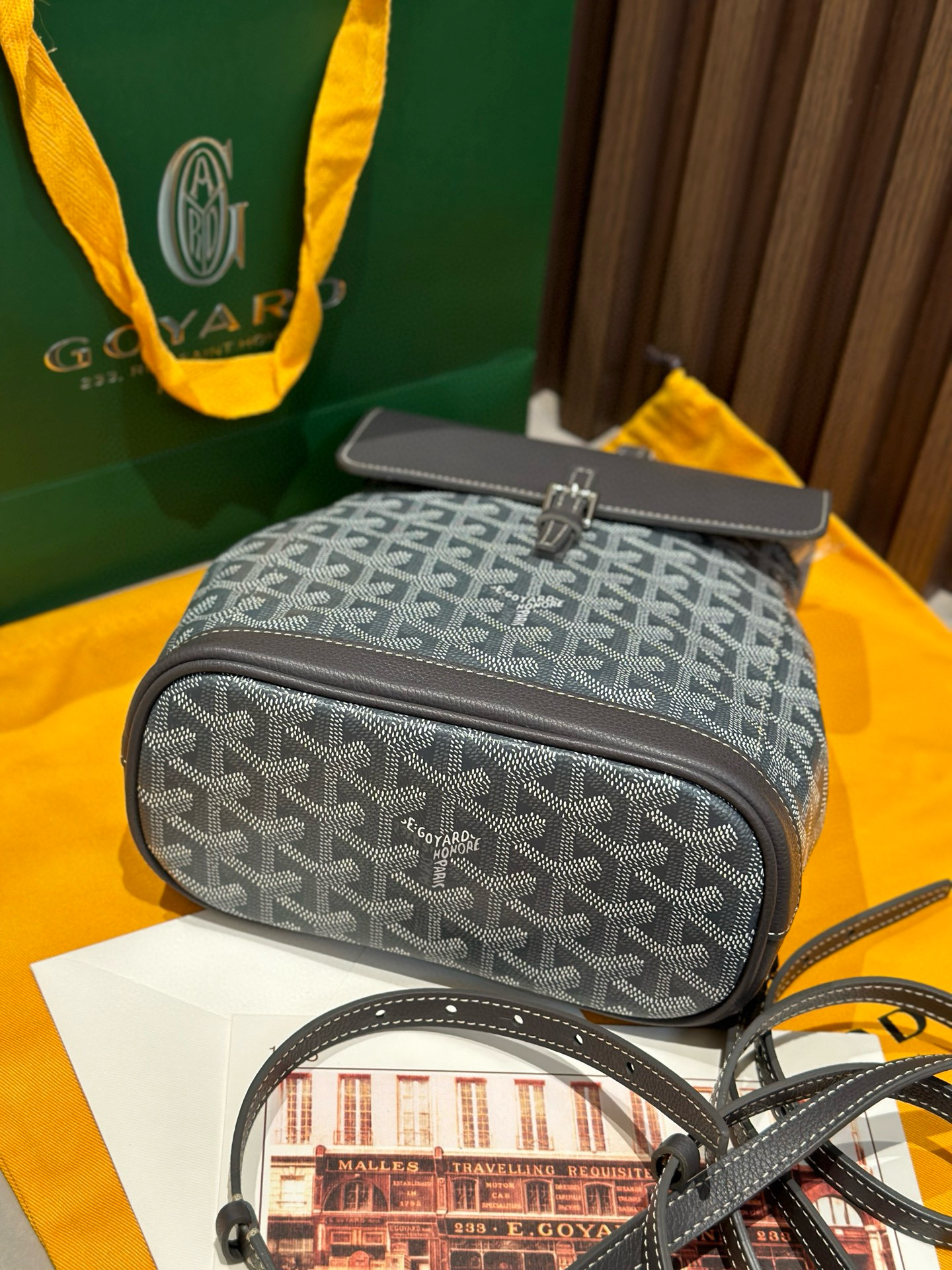 Goyard Grey Goyardine Canvas Alpin Mini Backpack, made in France, 23 × 9.5 × 19 cm, grey leather trim with versatile straps.