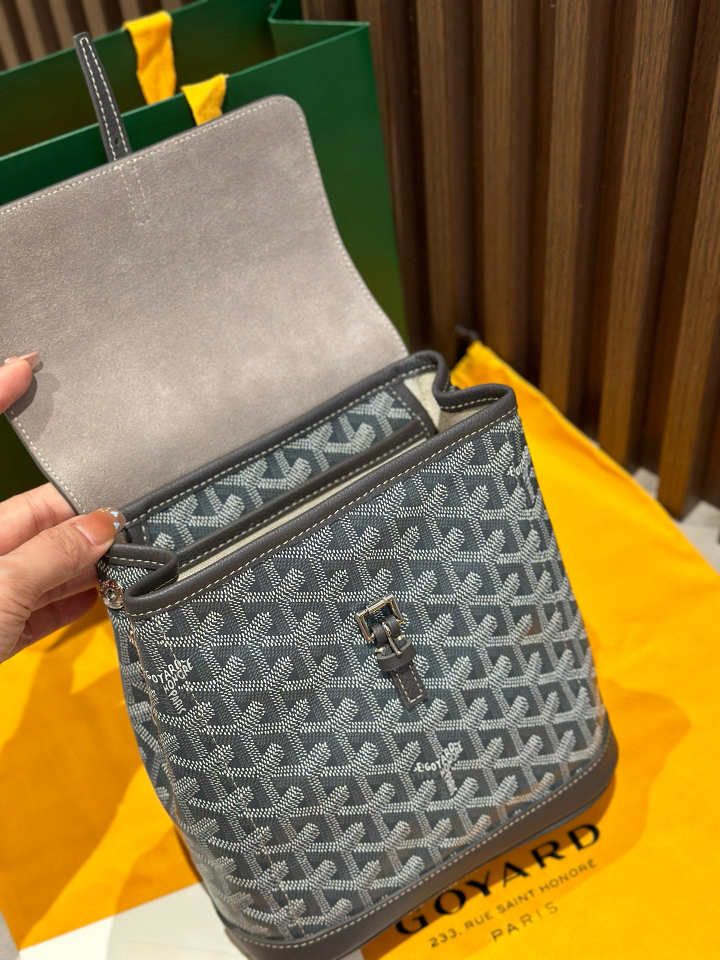 Goyard Grey Goyardine Canvas Alpin Mini Backpack, made in France, 23 × 9.5 × 19 cm, grey leather trim with versatile straps.