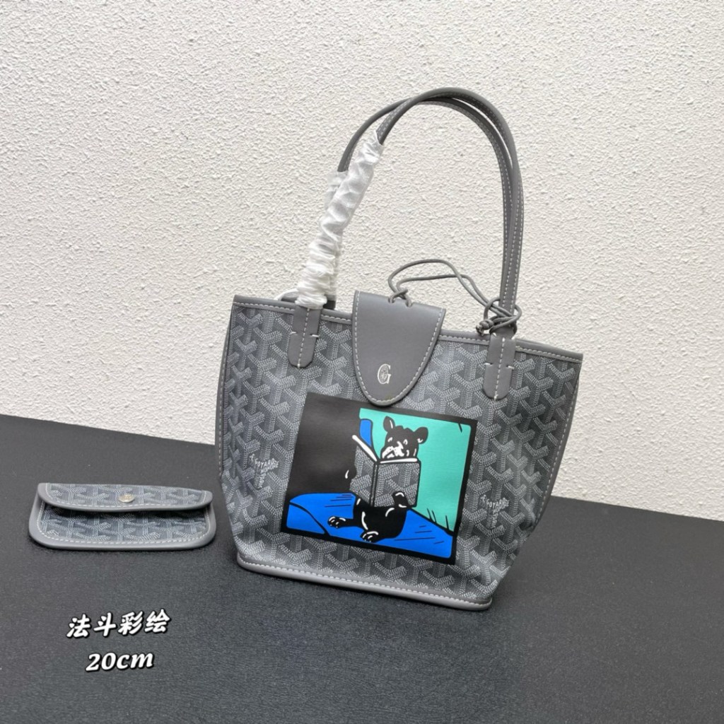 Grey Goyard Villette PM tote bag with hand-painted French Bulldog motif, leather trim