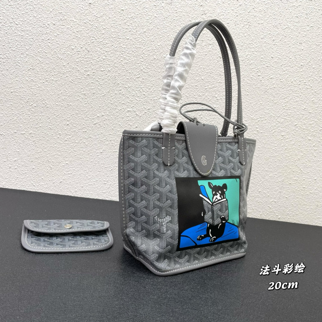 Grey Goyard Villette PM tote bag with hand-painted French Bulldog motif, leather trim