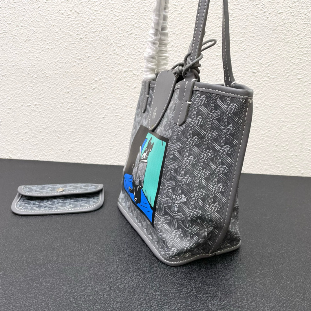 Grey Goyard Villette PM tote bag with hand-painted French Bulldog motif, leather trim