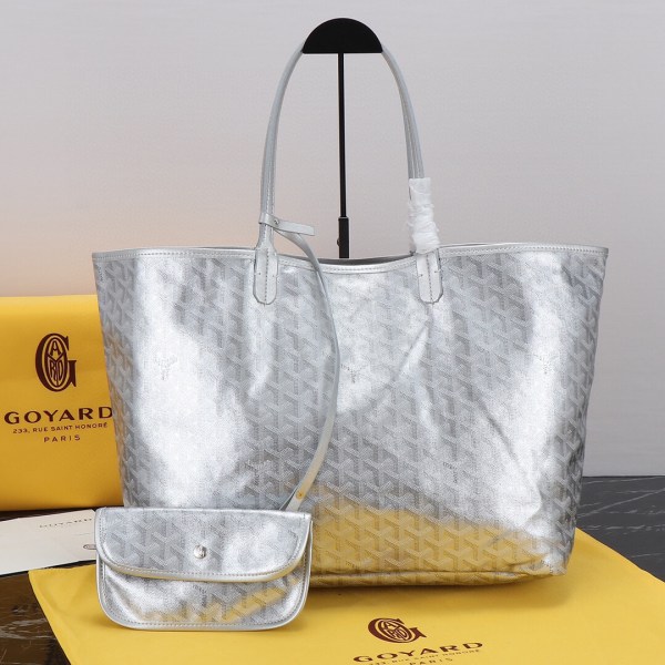 Goyard Silver Saint GM Canvas Tote Bag with a matching metallic silver pouch.