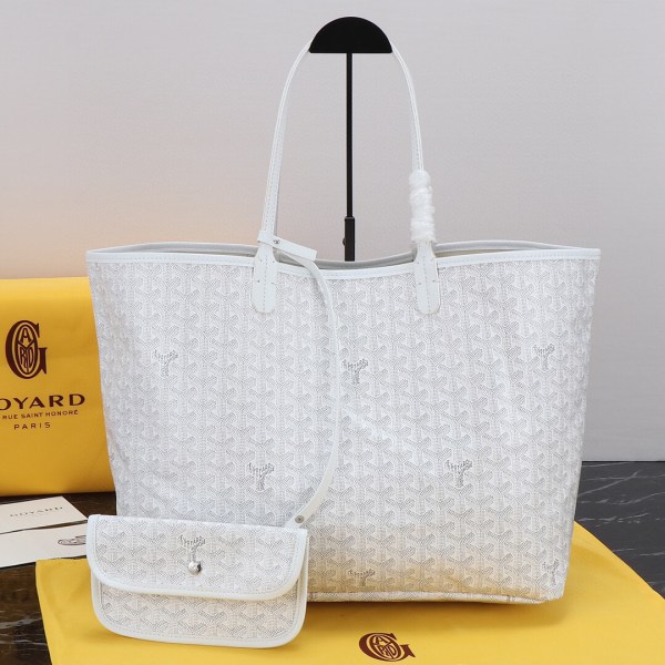Goyard White Saint GM Canvas Tote Bag with a matching white detachable pouch.