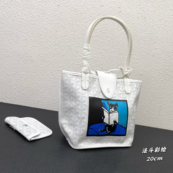 White Goyard Villette PM tote bag with hand-painted French Bulldog motif, leather trim