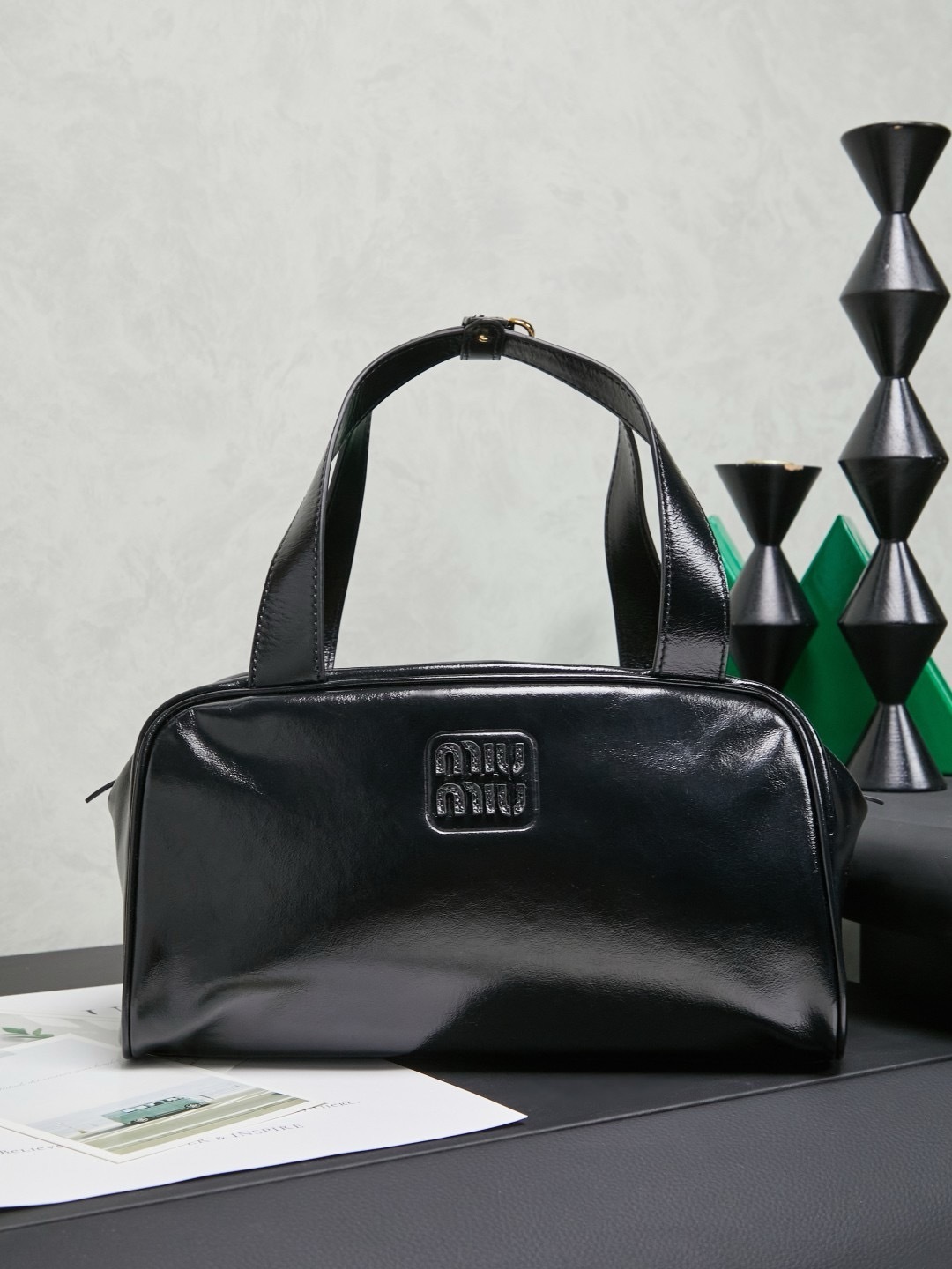 Miu Miu Black Leather Top Handle Boston Bag