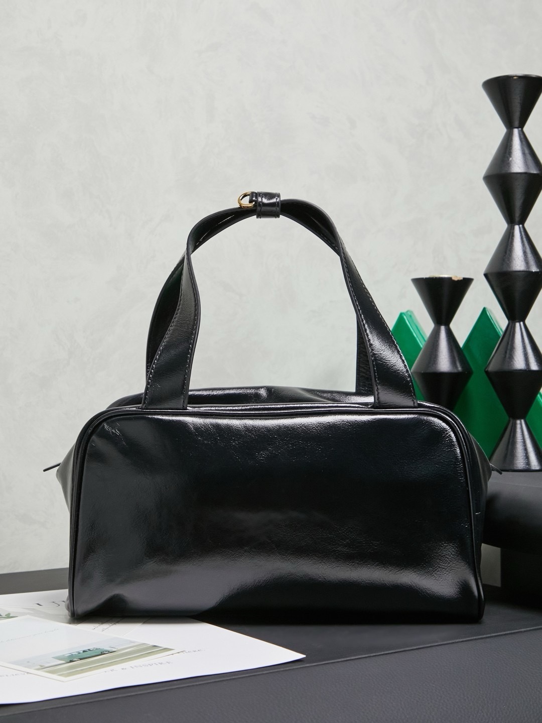 Miu Miu Black Leather Top Handle Boston Bag